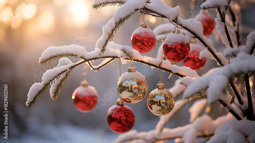 Snow-covered evergreen branches adorned with red and gold ornaments, glowing in the soft sunset light.