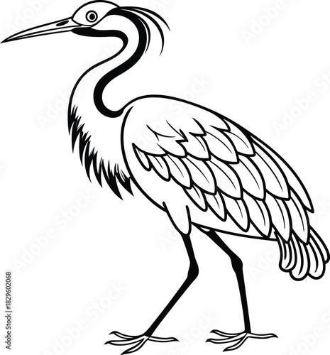 Black and white illustration of a heron bird animal