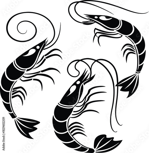 Three black stylized shrimp illustrations on white background