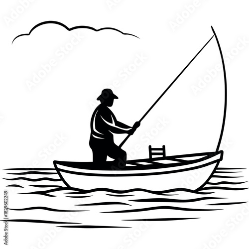 A lone fisherman stands in a small-boat  casting 
