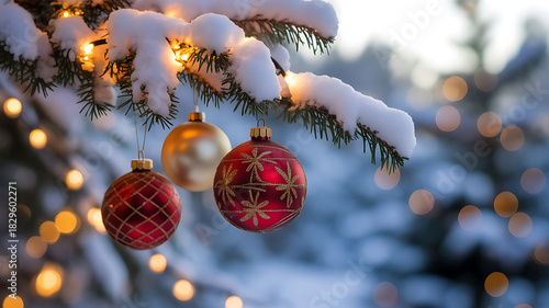 Snow-covered evergreen branches adorned with red and gold ornaments, glowing in the soft sunset light.