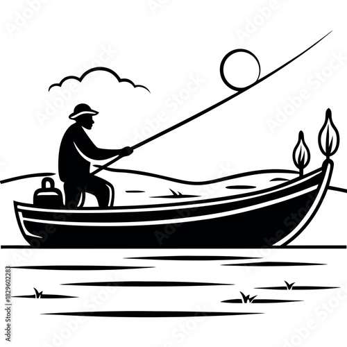 A lone fisherman stands in a small-boat  casting 
