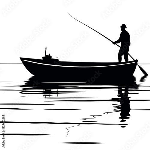 A lone fisherman stands in a small-boat  casting 