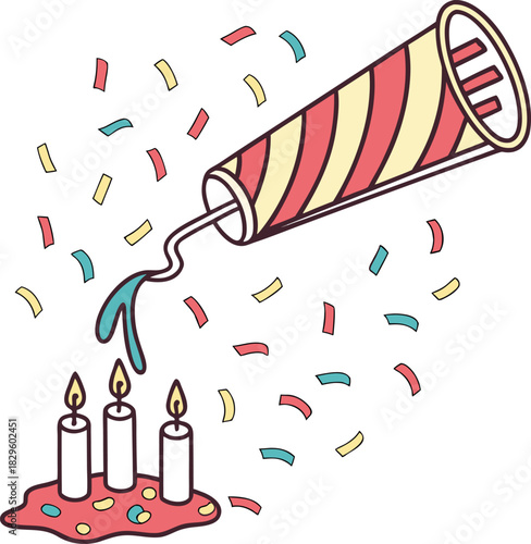 Celebration theme bursting cracker with melting candles and confetti falling, perfect for festive occasions