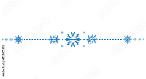 Decorative horizontal divider with blue snowflakes arranged around a central motif and dotted lines on a clean white background, perfect for winter invitations, greeting cards, web banners and holiday