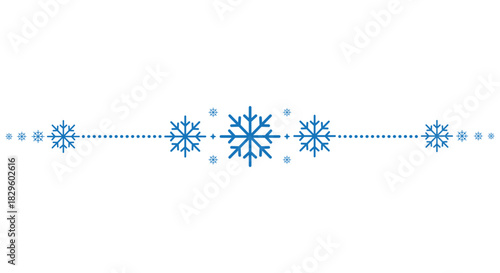 Decorative horizontal divider with blue snowflakes arranged around a central motif and dotted lines on a clean white background, perfect for winter invitations, greeting cards, web banners and holiday