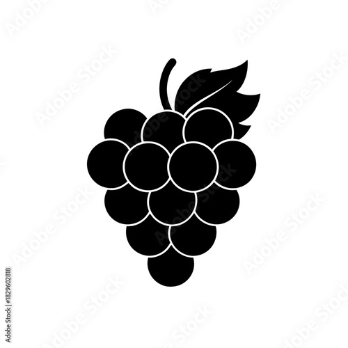 Black grape cluster icon with leaf and stem, fruit pictogram.