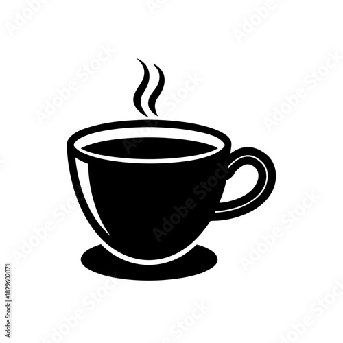 Simple black icon of a steaming coffee cup, perfect for drinks