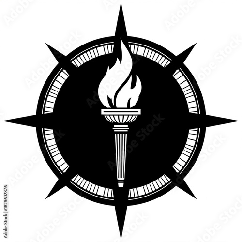 Navigating the Path: A striking monochromatic emblem depicts a compass rose, its points guiding towards a central torch, symbolizing enlightenment and direction.