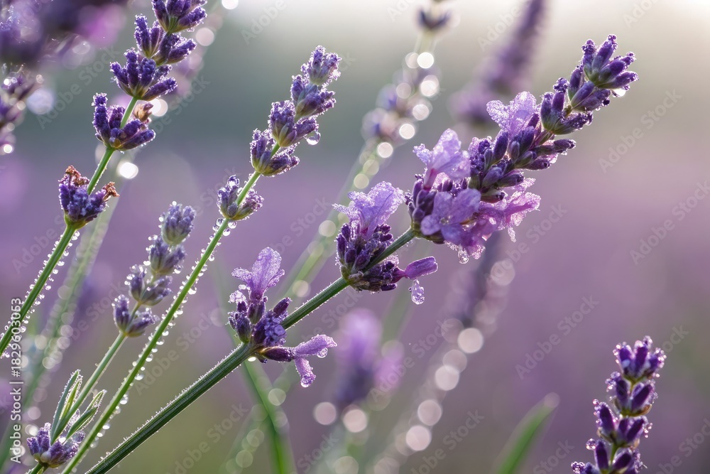 Fototapeta premium Fresh Lavender Flowers Glisten With Dew in a Sunny Field During Morning Light