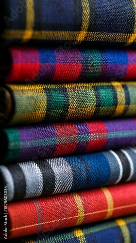 Vibrant tartan fabric patterns stacked closely, showcasing intricate woven textures in rich colors of blue, red, green, yellow, and black