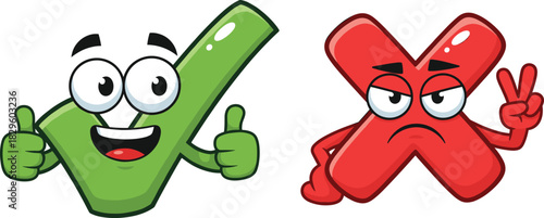 Cartoon green check mark with happy thumbs up, red cross mark with serious expression showing peace sign, positive and negative emoji, funny icon characters