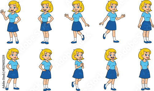Cartoon girl character set, blonde kid illustrations, cute child poses, smiling child vector, happy girl 