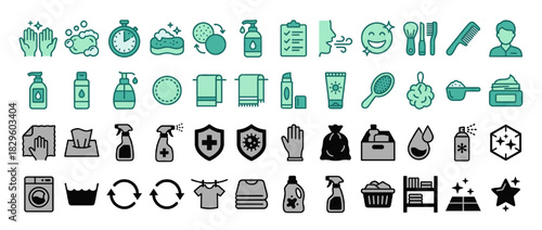 Hygiene and cleaning solid icon set. featuring handwashing, cloc