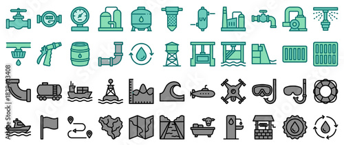 Water and navigation solid icon set. featuring pump, gauge, filt