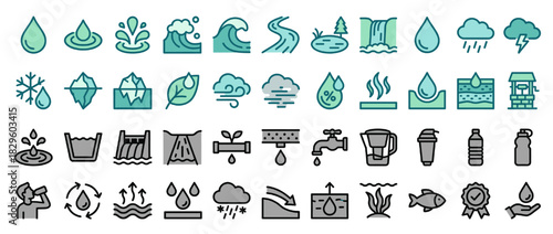 Hydrology and water cycle solid icon set. containing raindrop, f