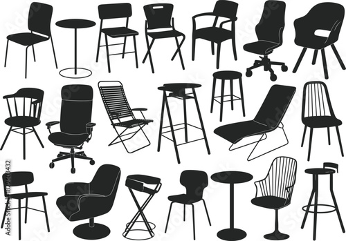 Chair silhouette vector collection, modern office furniture, dining seat design, bar stool clipart, home decor elements, editable black icons