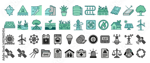 Eco and energy solid icon set. includes environment, solar, wind