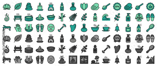 Wellness and beauty solid icon set. containing spa, massage, aro
