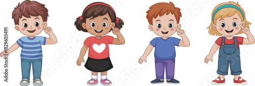 Children communicating with sign language gesture, happy diverse kids expressing joy and learning, inclusive education theme, CAD drawing flat vector illustration