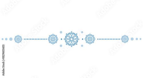Decorative horizontal divider with blue snowflakes arranged around a central motif and dotted lines on a clean white background, perfect for winter invitations, greeting cards, web banners and holiday