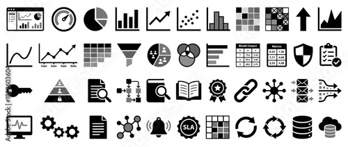 Data and analytics solid icon set. containing graph, chart, data