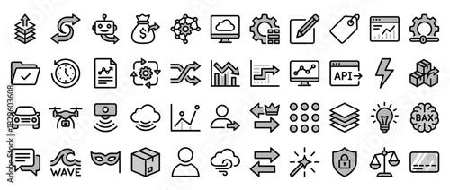 Business and technology solid icon set. containing synergy, auto
