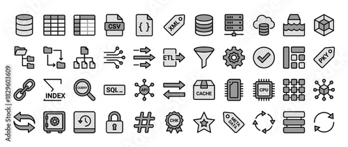 Data management solid icon set. containing database, csv, xml, e