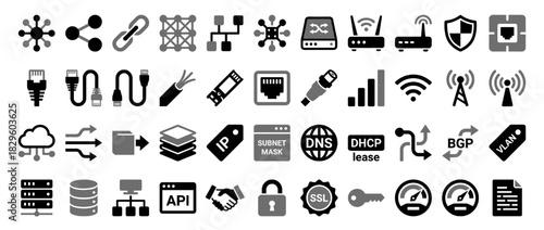 Networking and security solid icon set. contains server, cable,