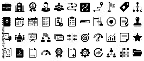 Business management solid icon set. containing briefcase, report