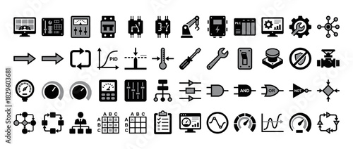Industrial automation and control solid icon set. containing plc