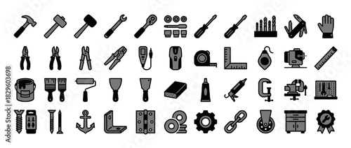 Tool and equipment solid icon set. containing hammer, screwdrive