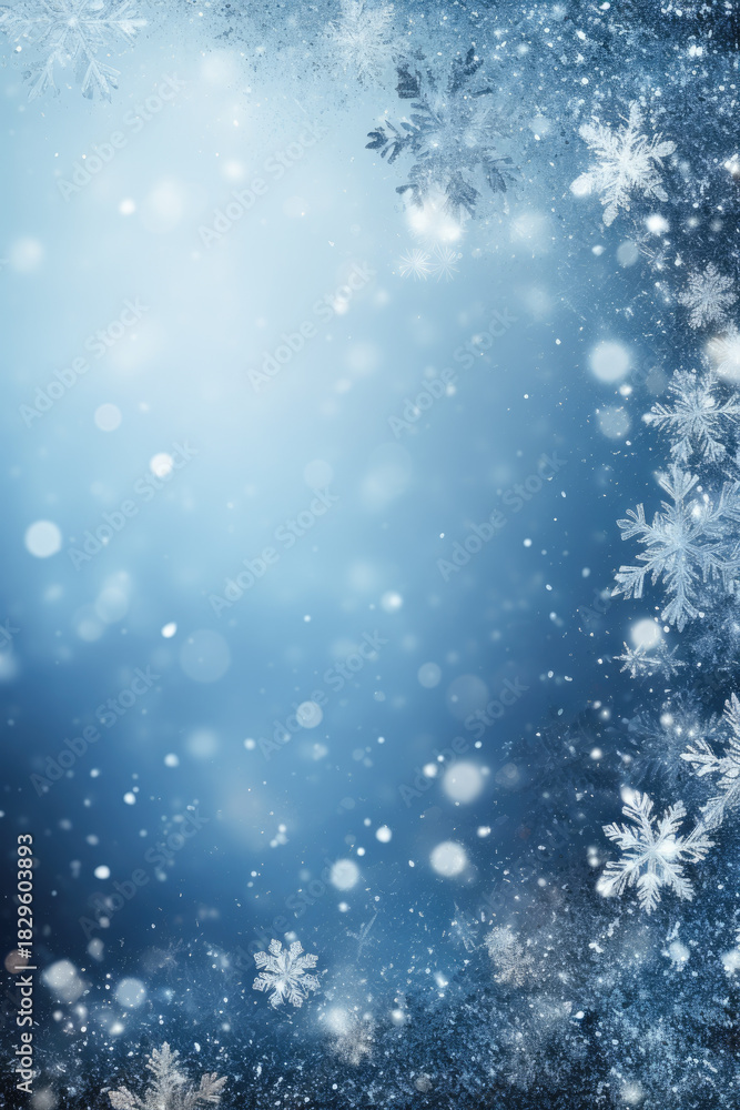 Fototapeta premium Frosted snowflakes on dark blue winter backdrop