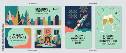 Holiday greeting cards solid icon set. containing christmas, new