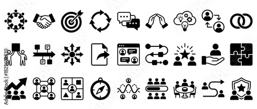 Business and teamwork solid icon set. containing collaboration,