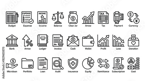 Finance and accounting solid icon set. containing budget, expens
