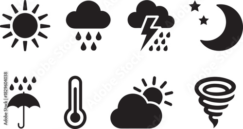 Silhouette weather set icons featuring sun, cloud, rain, storm, and seasonal climate symbols.