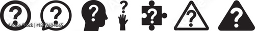Silhouette question icon set featuring help, inquiry, doubt, support, and FAQ symbols.