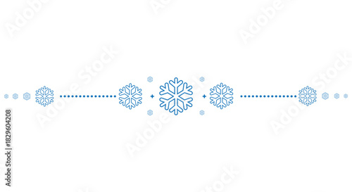 Decorative horizontal divider with blue snowflakes arranged around a central motif and dotted lines on a clean white background, perfect for winter invitations, greeting cards, web banners and holiday
