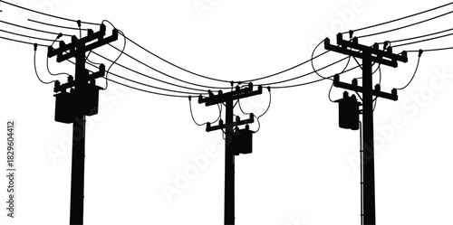 Silhouette of Three Utility Poles and Sagging Power Lines with Transformers, Insulators, Electrical Distribution Infrastructure, Urban Power Network, Minimalist Vector Illustration