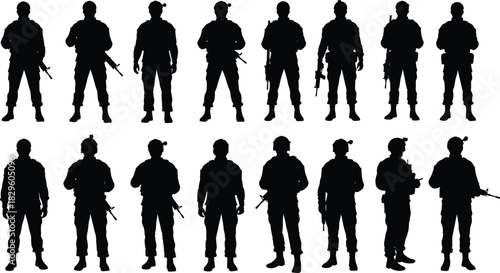 Collection of military soldier silhouettes with rifles, standing poses, tactical gear, combat readiness, black isolated figures for defense illustrations