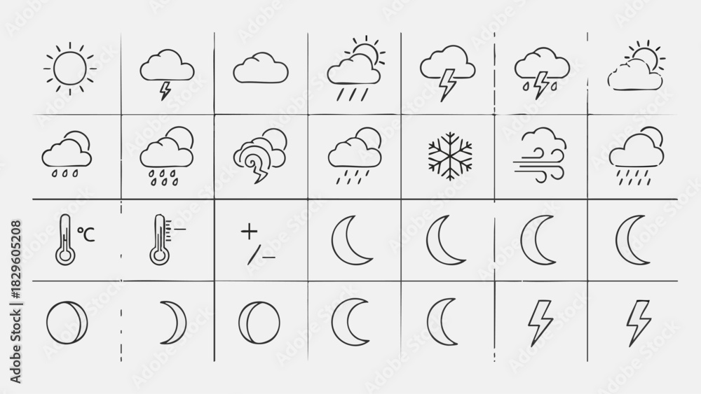 Naklejka premium Hand drawn weather icons sun clouds rain snow wind moon phases lightning thermometers vector