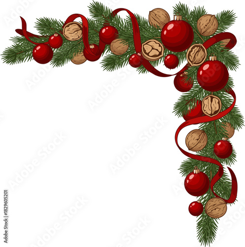 Create a beautiful christmas decoration frame corner with fir tree twigs, red christmas balls, walnuts and ribbon band vector art with white background..
