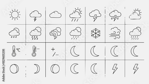 Hand drawn weather icons sun clouds rain snow wind moon phases lightning thermometers vector