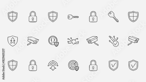 Security icons including shields locks keys surveillance cameras and network connections vector