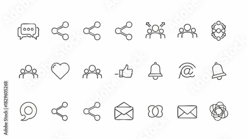Social media icons chat share like heart notification email and group of people chat bubble speech bubble