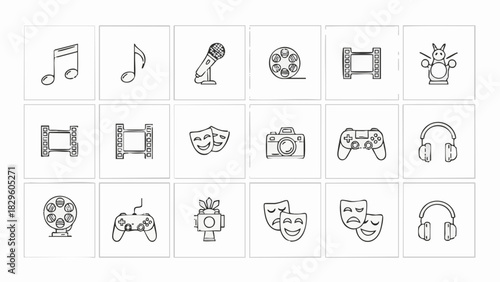 Collection of black and white line art icons for entertainment and media music note