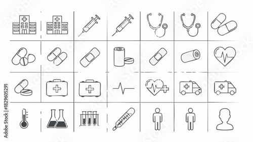 Medical icons set hospital syringe stethoscope pills bandage first aid kit ambulance thermometer test tubes human silhouette