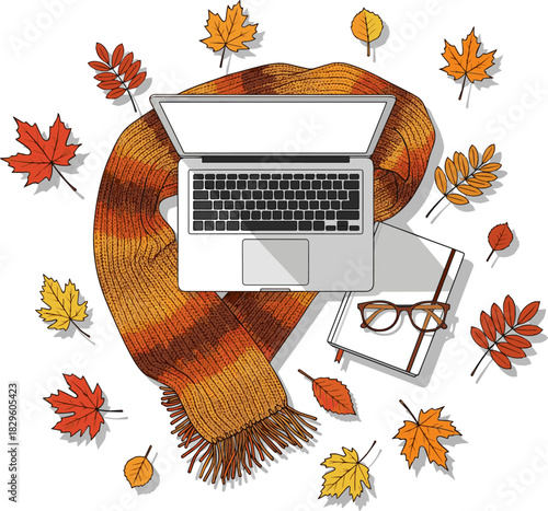 Create a Autumn-themed flat lay featuring a laptop, glasses, scarf, notebook, and fall leaves vector art with white background..