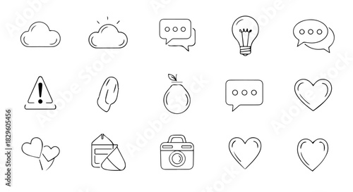 Set of hand-drawn outline icons featuring weather, communication, photography, and various symbols.